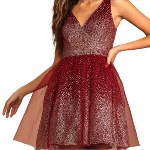Lulus Ballerina Dream Burgundy and Gold Skater Dress Size M